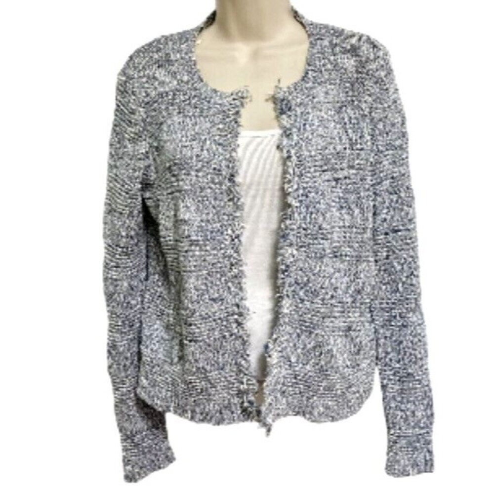 ANN TAYLOR Loft Fringe Sweater Cardigan Jacket Blue Gray Marled Womens Medium